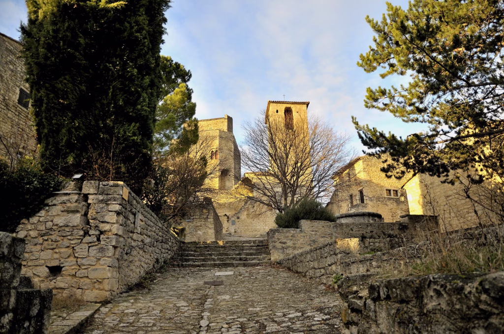 Vue sur l'église et les toits du Poët-Laval