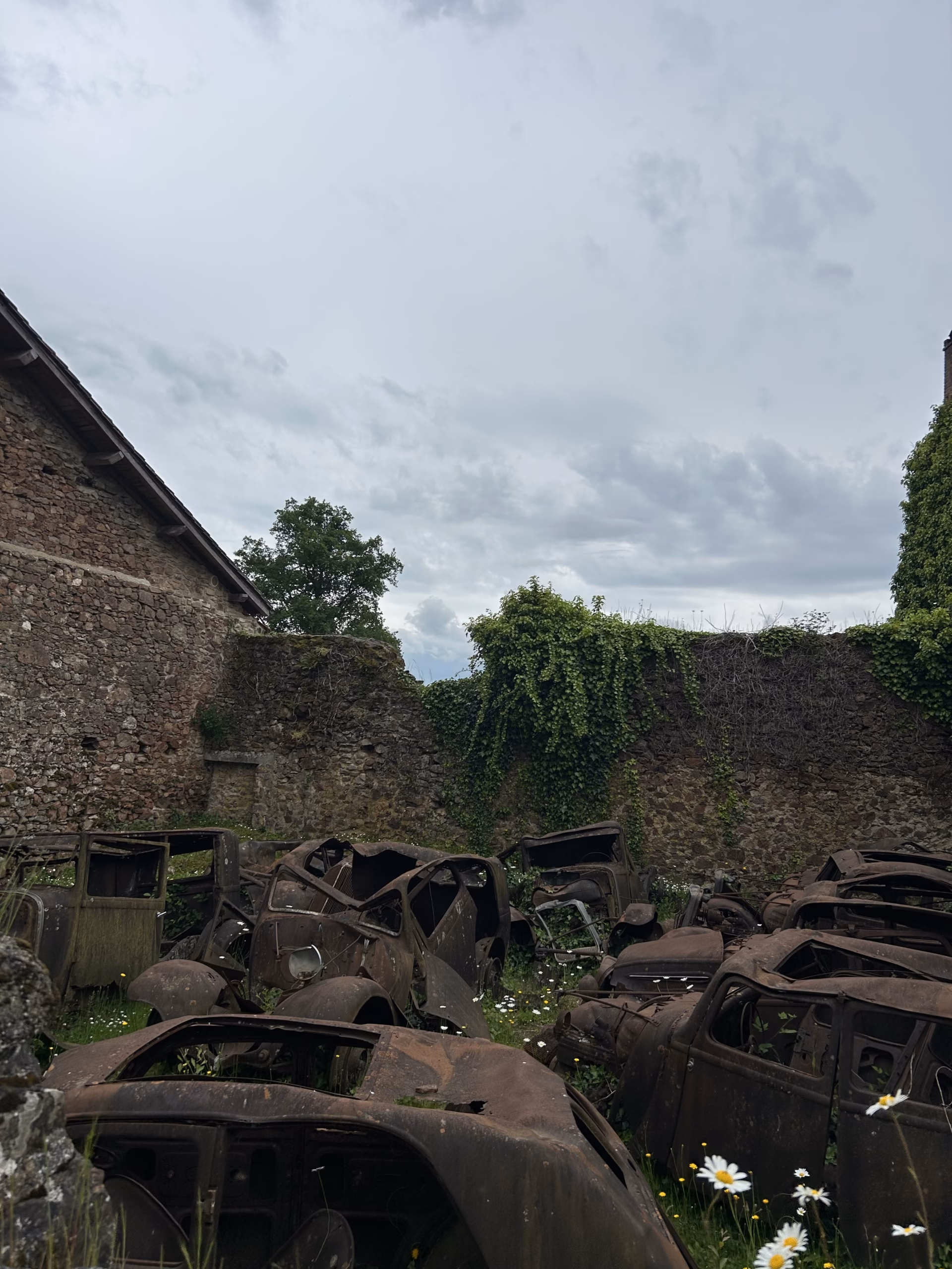 Carcasses de voitures d'époque à Oradour-sur-Glane